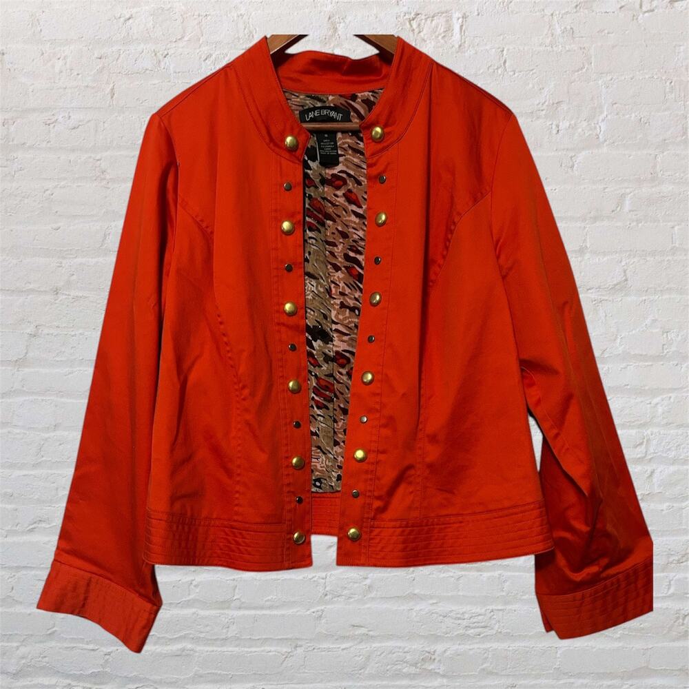Lane Bryant Jacket Women's Plus Orange Open Front Animal Print Lining Stretch 16